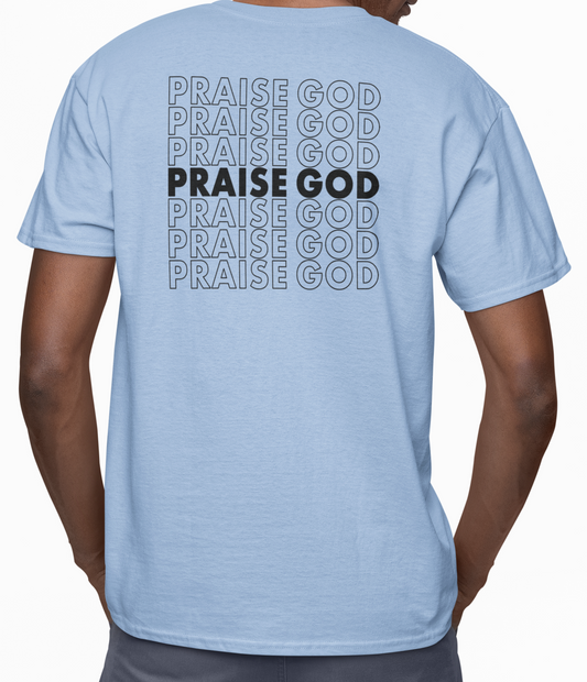 Man wearing a light blue t-shirt with 'PRAISE GOD' in black text on the back