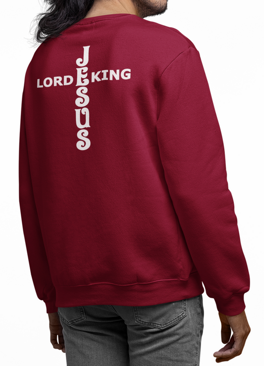 Man wearing a cardinal red sweatshirt with white 'JESUS LORD KING' text in the form of a cross n the back