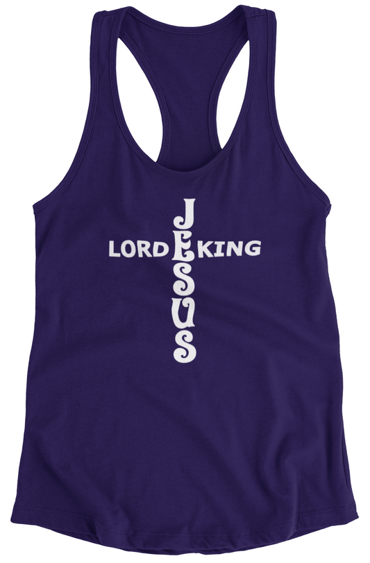 Team purple women's racerback tank top with 'JESUS LORD KING' in white text in the shape of a cross