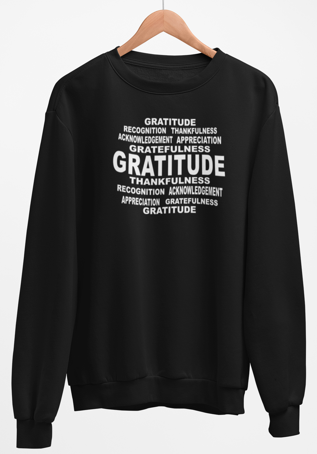 Black sweatshirt with white text on a hanger against a white background