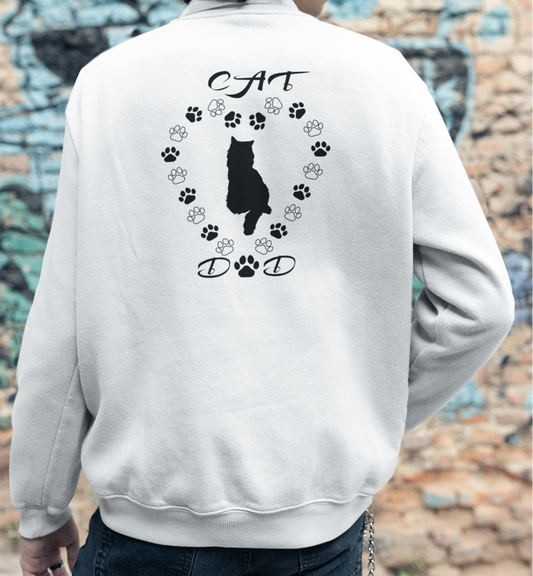 Man wearing a white sweatshirt with a black cat design in a paw print heart and 'CAT DAD' text on the back