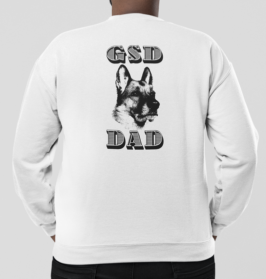 Man wearing a white sweatshirt with 'GSD Dad' text and a german shepherd dog graphic on the back