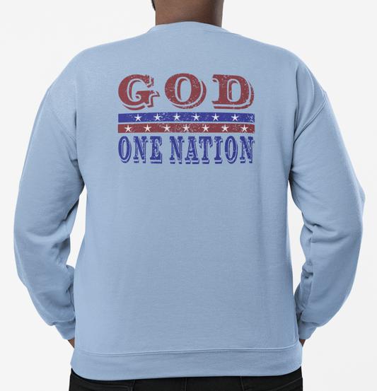Man wearing a light blue sweatshirt with 'ONE NATION UNDER GOD' with red, white and blue distressed text and graphic on the back