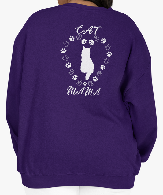 Woman wearing a purple sweatshirt with white 'Cat Mama' text and design on the back