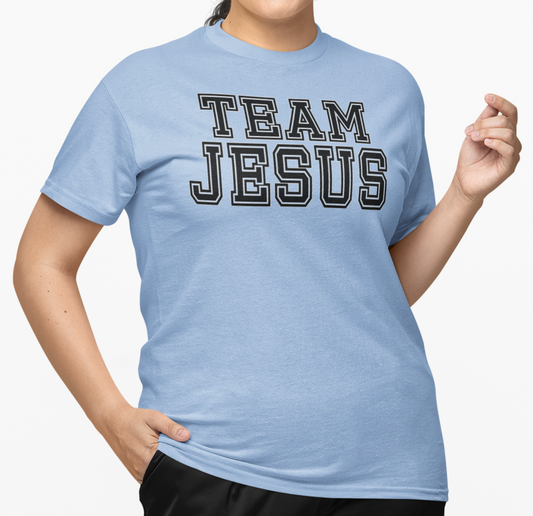 Woman wearing a light blue t-shirt with 'TEAM JESUS' with black text and white stroke