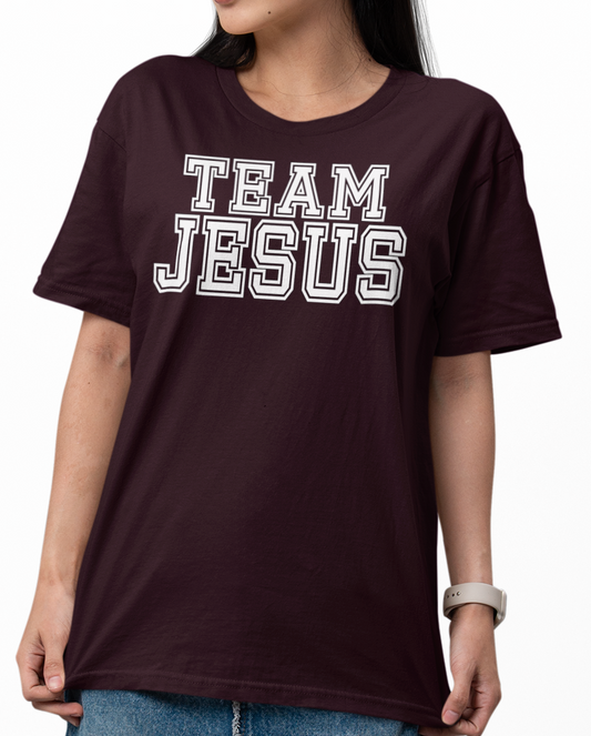 Maroon t-shirt with 'TEAM JESUS' in white text and a black stroke
