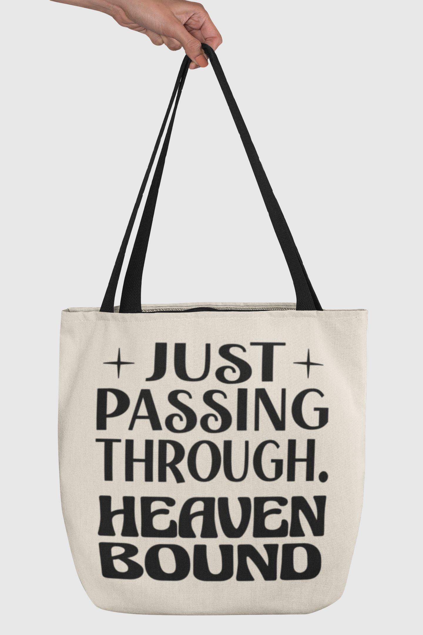 Just Passing Through. Heaven Bound Black Text Canvas Tote Bag With Black Handles
