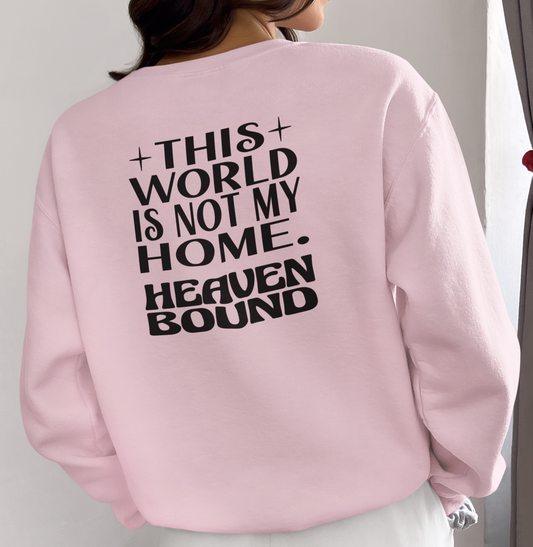 Light pink sweatshirt with black text, 'THIS WORLD IS NO MY HOME HEAVEN BOUND' on the back