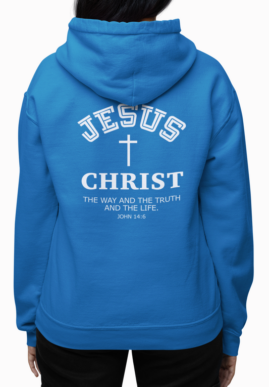 Sapphire blue hoodie with 'Jesus Christ' text and cross on the back