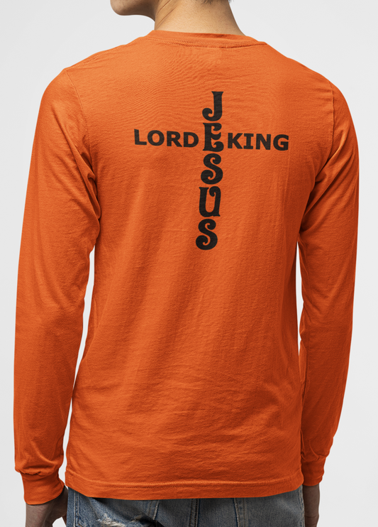 Man wearing a orange long-sleeve t-shirt with black text 'Jesus Lord King' in the shape of a cross n the back