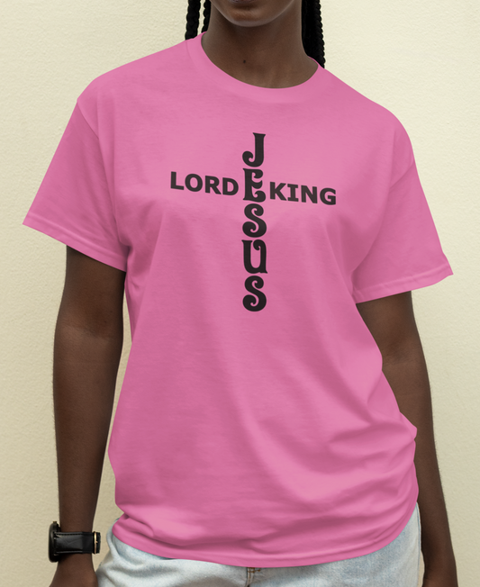 Woman wearing an azalea t-shirt with black text 'Jesus Lord King' in the shape of a cross 