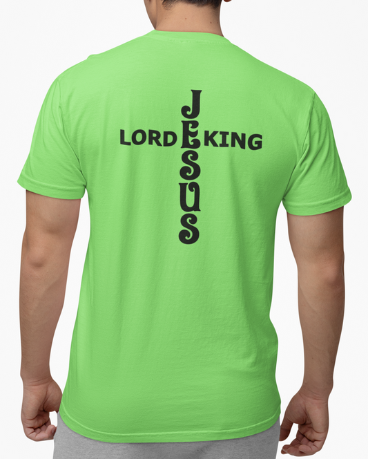 Man wearing a lime t-shirt with black text 'Jesus Lord King' in the shape of a cross on the back