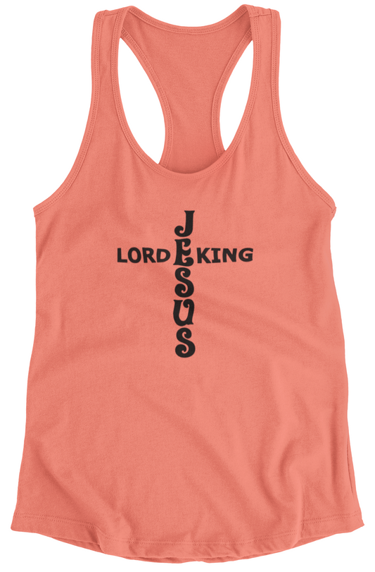 Sunset women's racerback tank top with 'JESUS LORD KING' in black text.