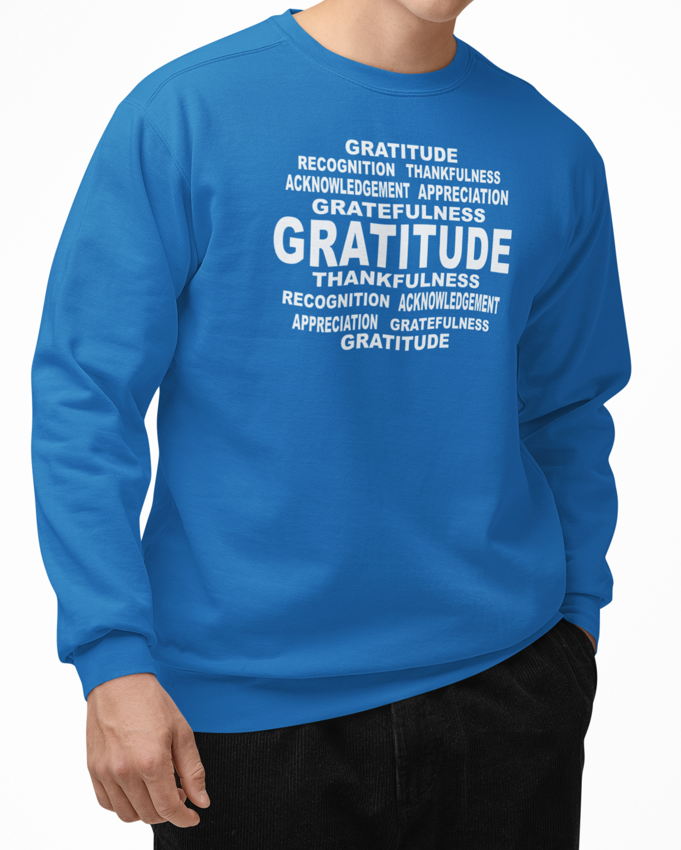 Man wearing a sapphire blue sweatshirt with 'Gratitude' text on a white background