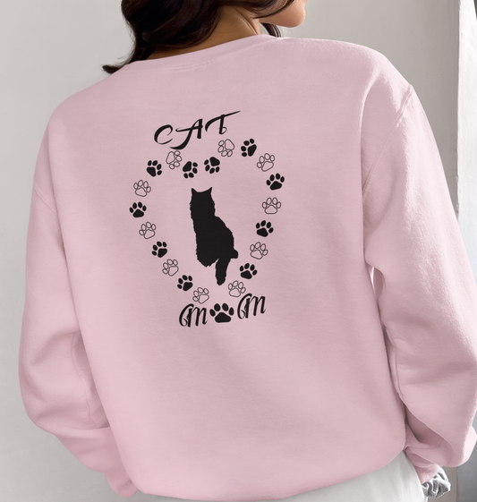 Light pink sweatshirt with a black cat design and text on the back.