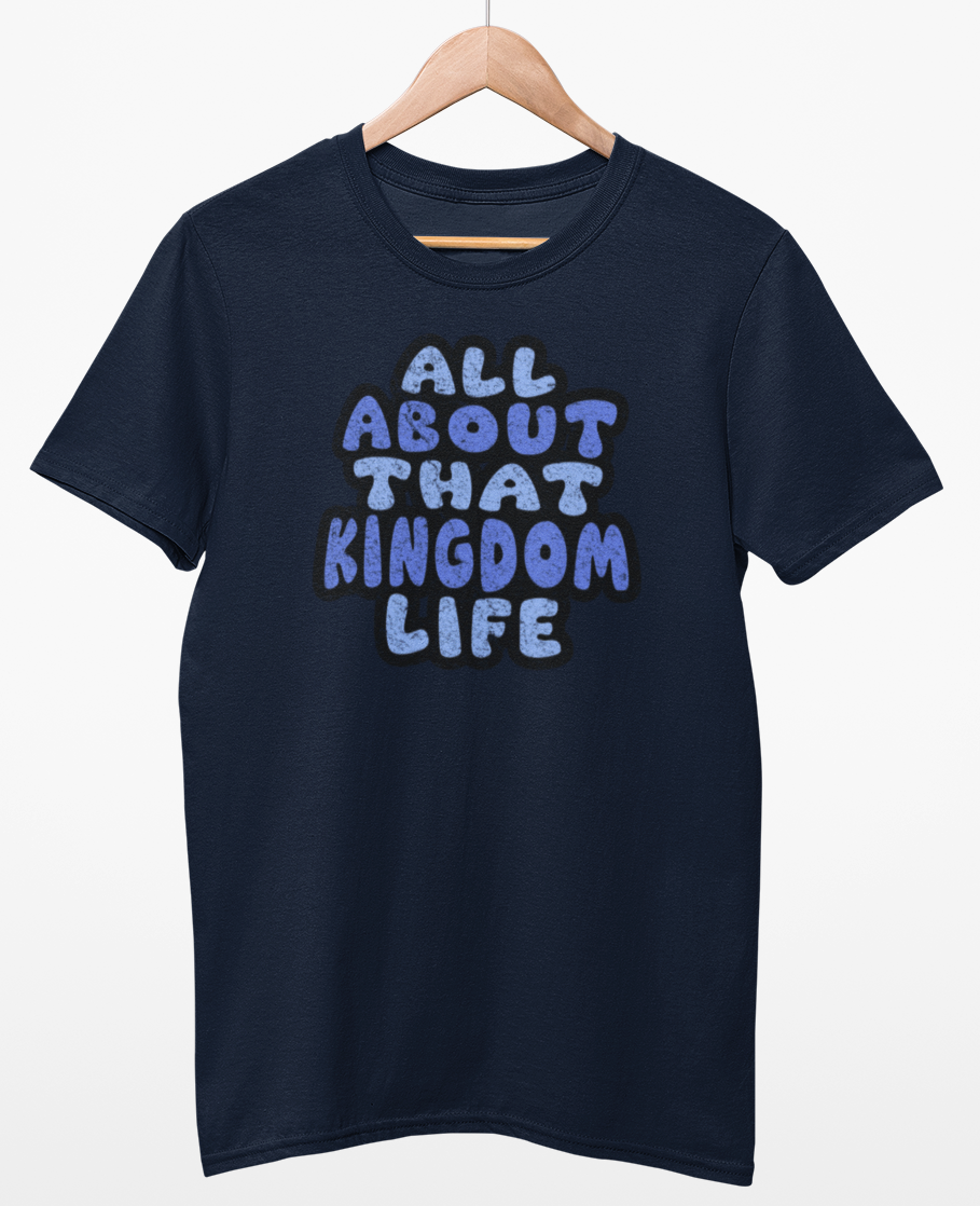 Navy blue t-shirt with distressed blue text on a white background
