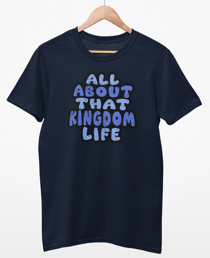 Navy blue t-shirt with distressed blue text on a white background