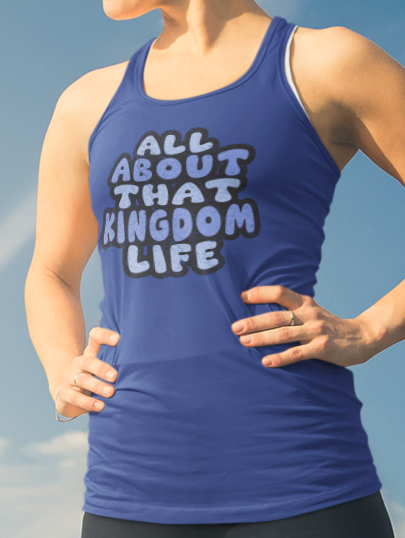 Woman in true royal racerback tank top sky in the background