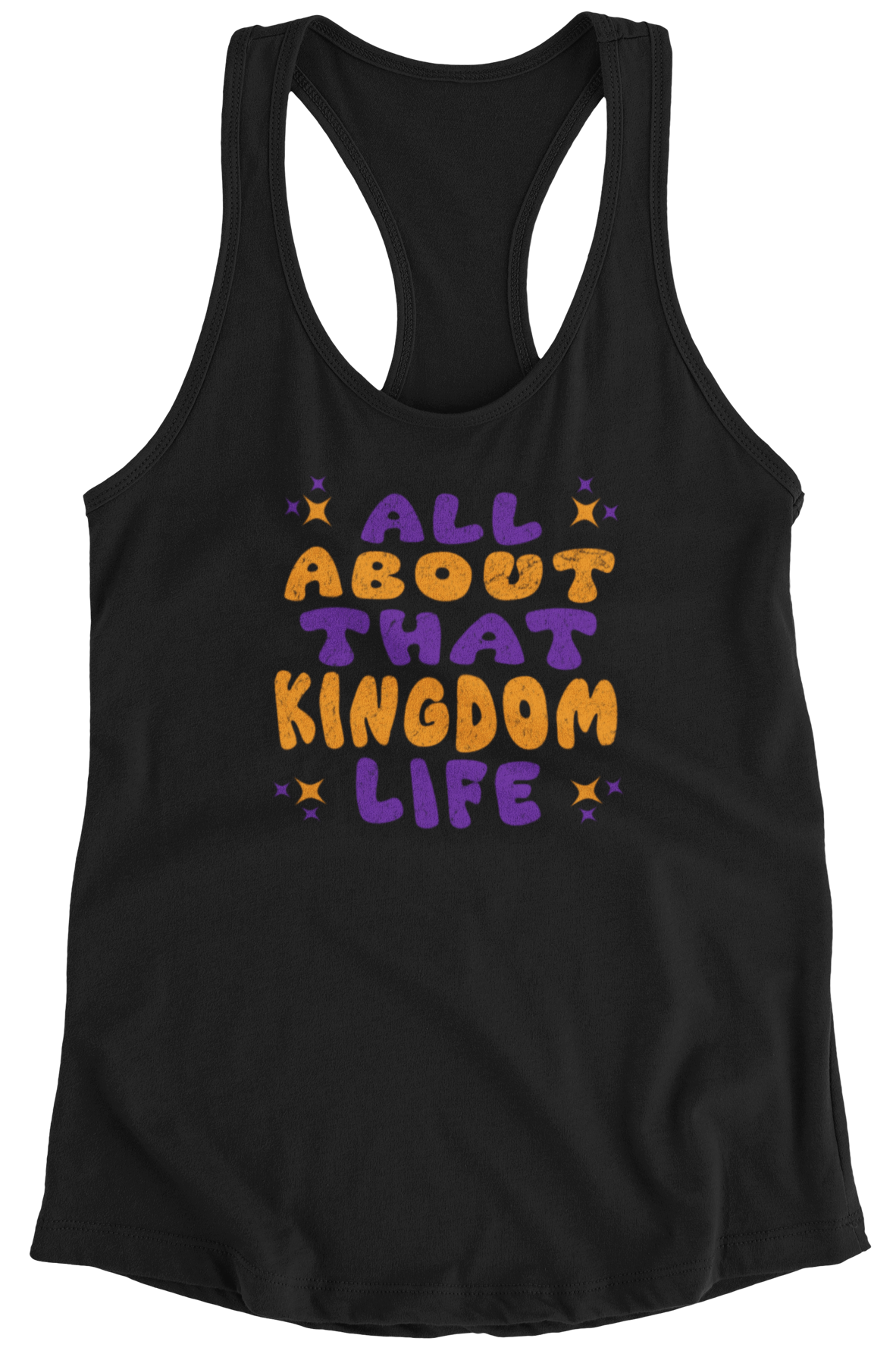 Black women's racerback tank top with bold distressed text design on a white background