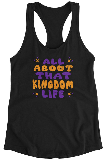 Black women's racerback tank top with bold distressed text design on a white background