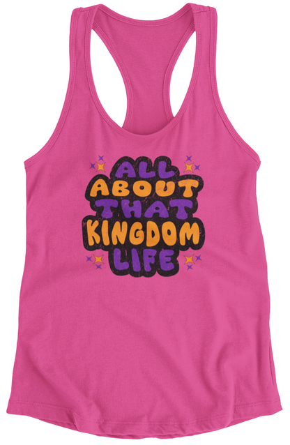 Charity pink women's racerback tank top with bold distressed text design on a white background