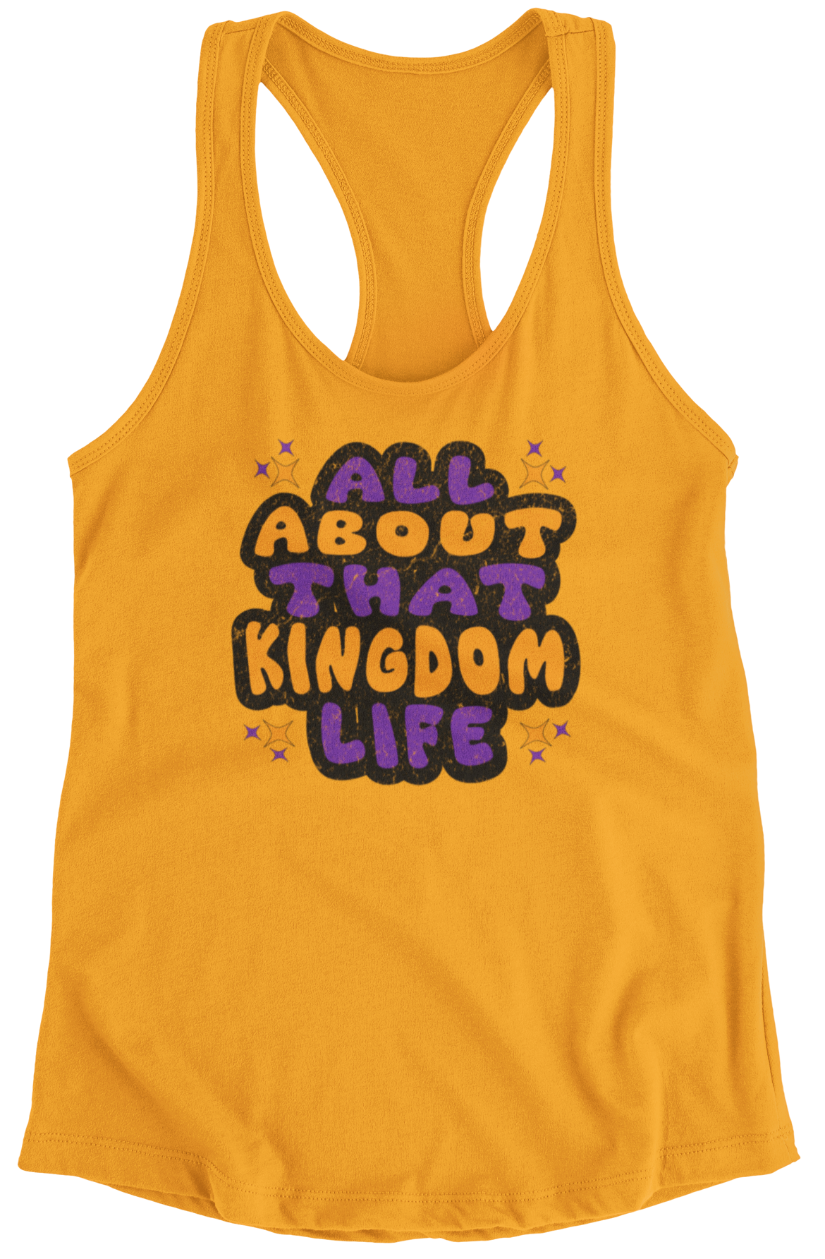 Gold women's racerback tank top with bold distressed text design on a white background