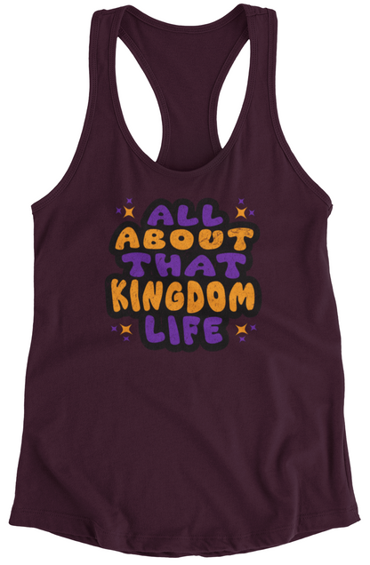 Maroon women's racerback tank top with bold distressed text design on a white background