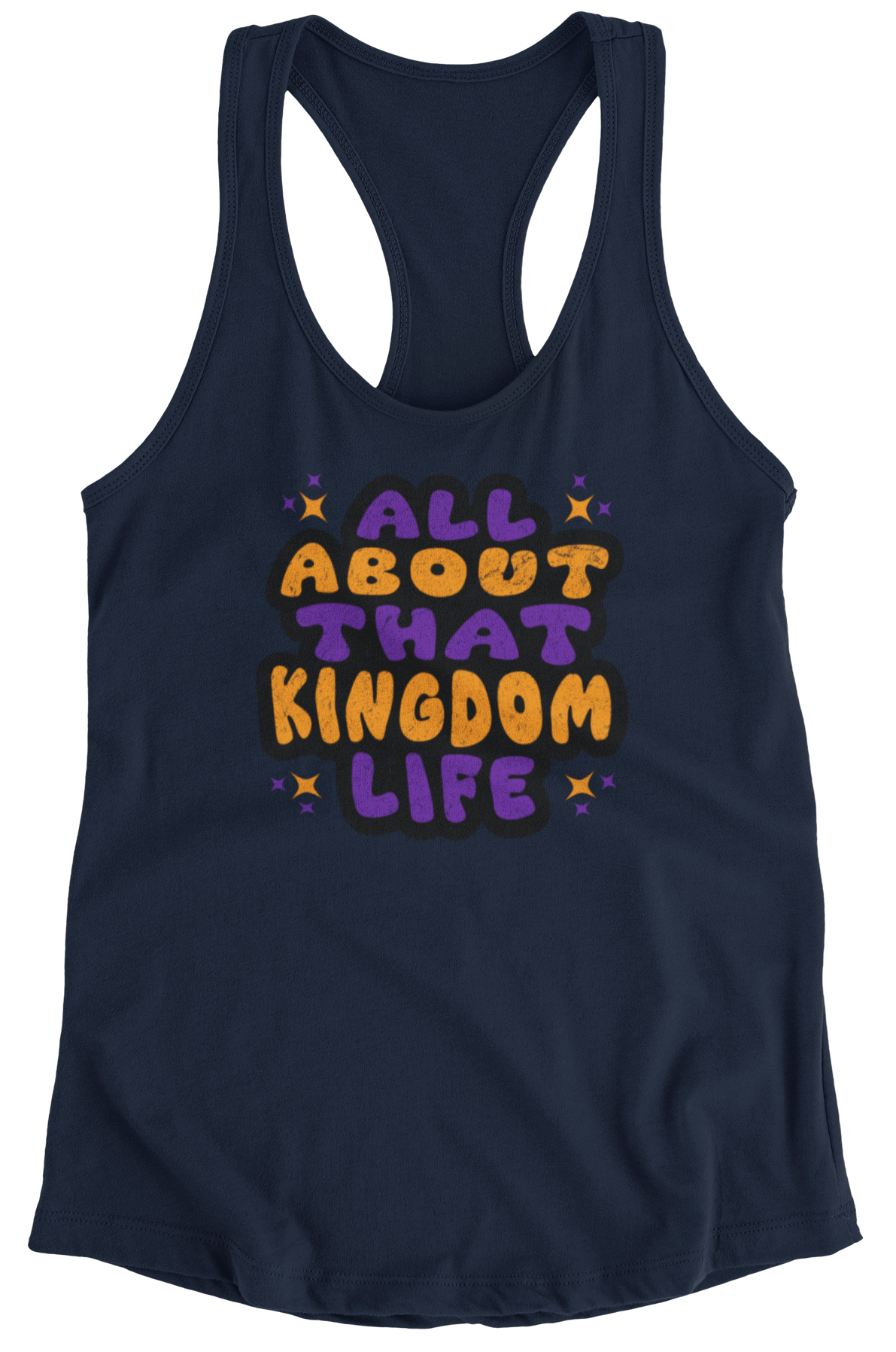 Navy women's racerback tank top with bold distressed text design on a white background