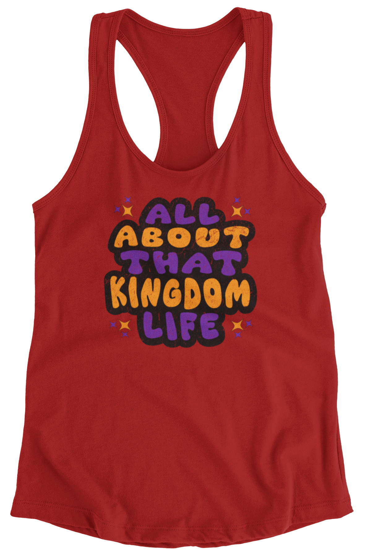 Red women's racerback tank top with bold distressed text design on a white background