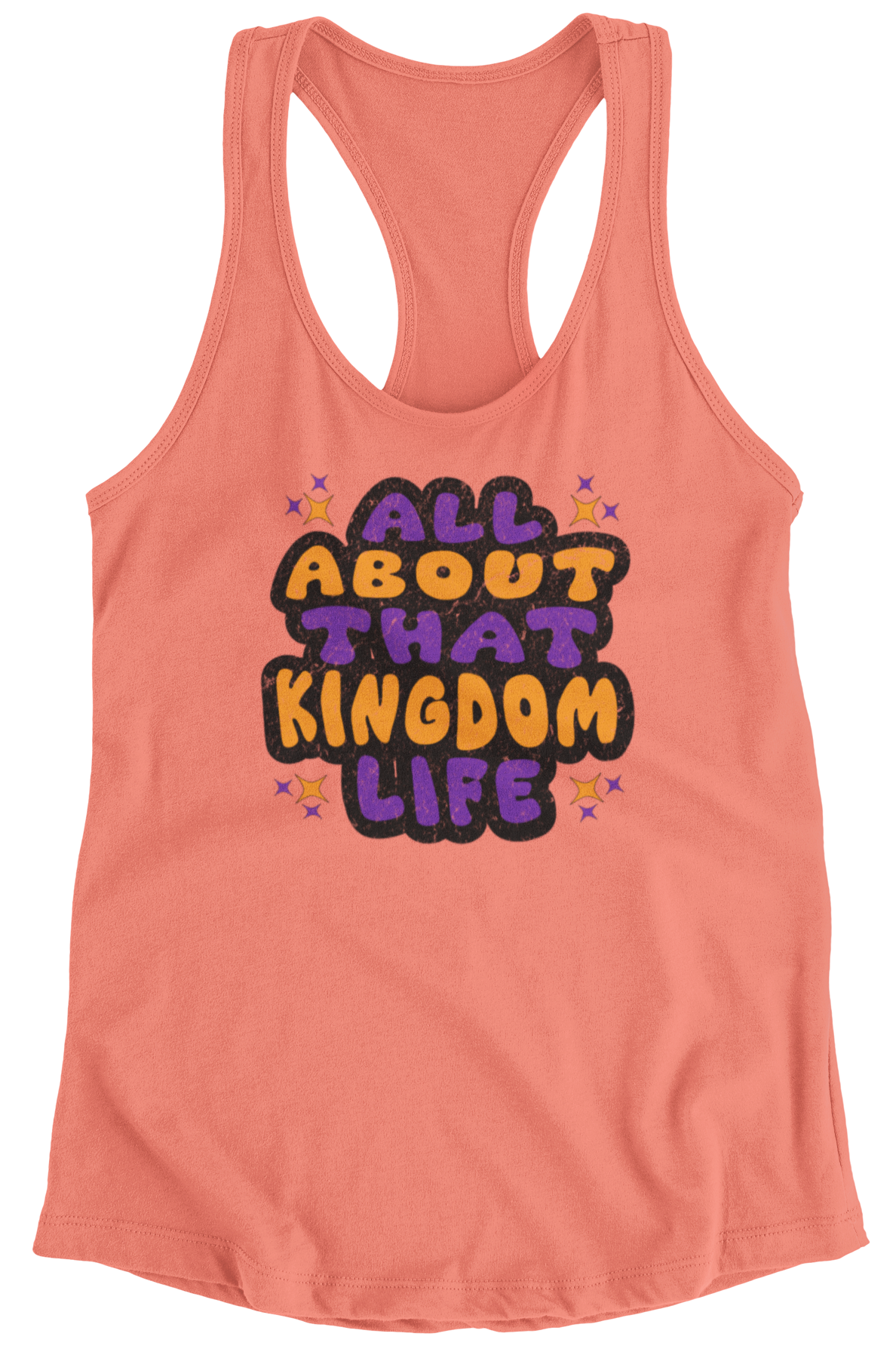 Sunset women's racerback tank top with bold distressed text design on a white background
