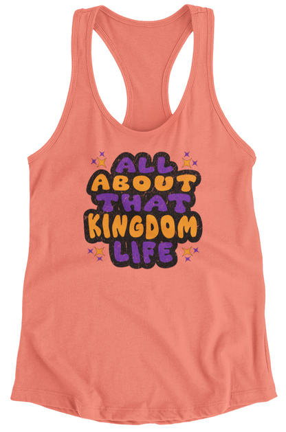 Sunset women's racerback tank top with bold distressed text design on a white background