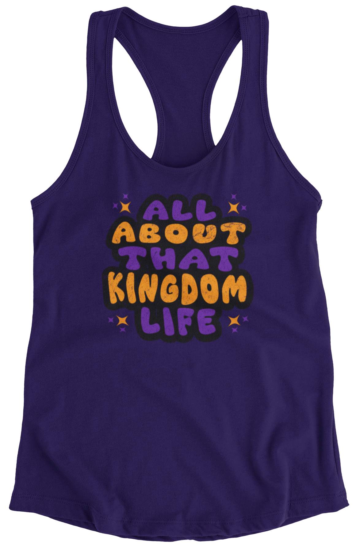 Team Purple women's racerback tank top with bold distressed text design on a white background