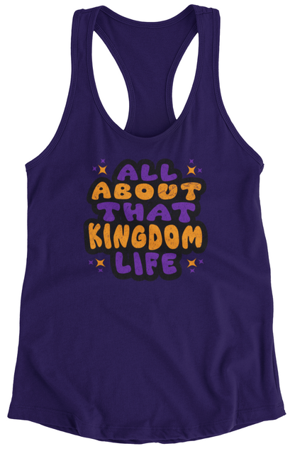 Team Purple women's racerback tank top with bold distressed text design on a white background