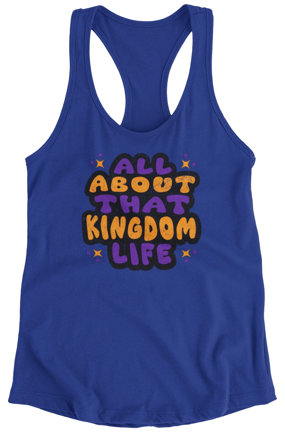 True Royal women's racerback tank top with bold distressed text design on a white background