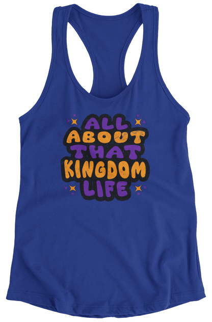 True Royal women's racerback tank top with bold distressed text design on a white background