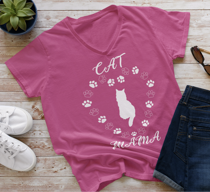 Cat Mama White Women's V-Neck T-Shirt