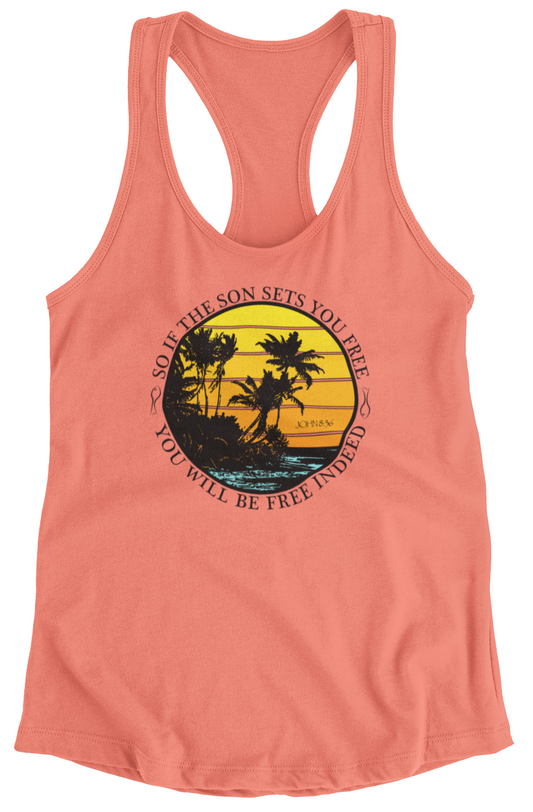 Sunset women's racerback tank top with a palm tree design against a distressed sunset background