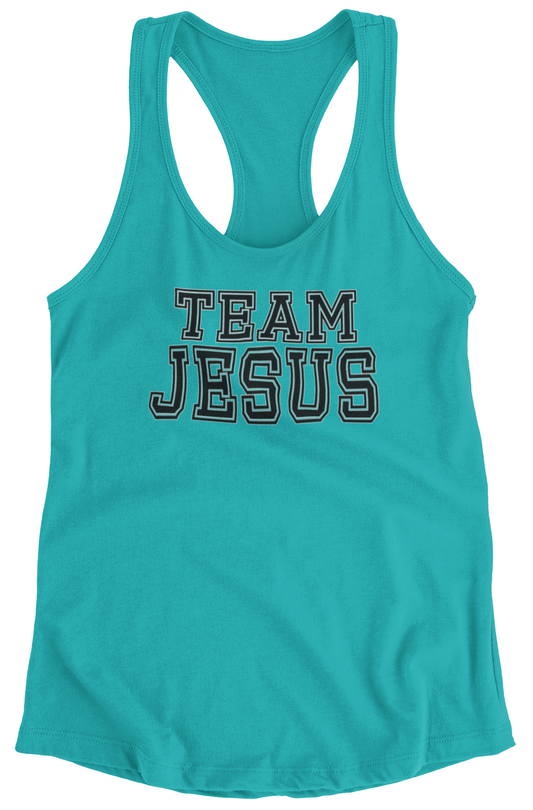 Teal women's racerback tank top with 'Team Jesus' with black text and white stroke