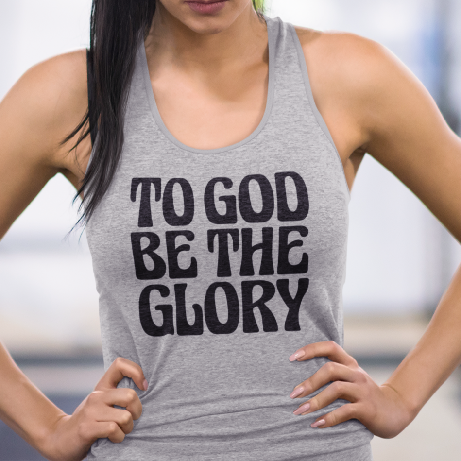 To God Be The Glory Black Text Racerback Tank Top
